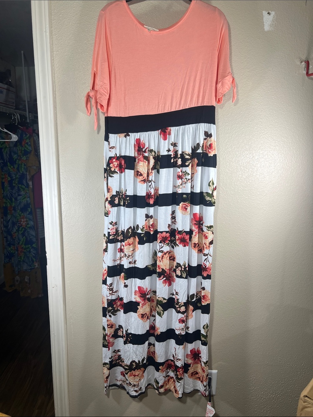 Coral Top Floral Stripe Maxi Dress